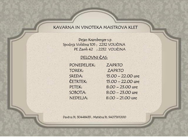 Opinii despre Kavarna Maistrova klet în Voličina - Gastronomija in gostinstvo